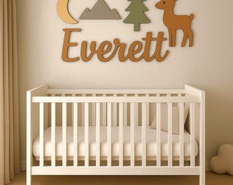 Personalized Name Sign Above The Crib, Wooden Deer Woodland Nursery Decor, Baby Name Wall Sign, Nursery Wall Art, Baby Gift