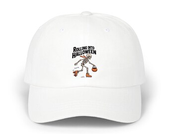 Rolling Into Halloween Skeleton Dad Hat, Retro Roller Skate Skeleton Cap, Funny Halloween Embroidered Hat, Spooky Season Gift