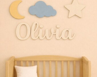 Personalized Moon and Stars Baby Name Sign, Wooden Nursery Wall Decor, Custom 3D Name Cutout, Above The Crib Name Sign