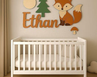 Fox Woodland Nursery Name Sign — Personalized Wooden Baby Name Sign, Above Crib Decor, 3D Nursery Wall Art, Baby Shower Gift