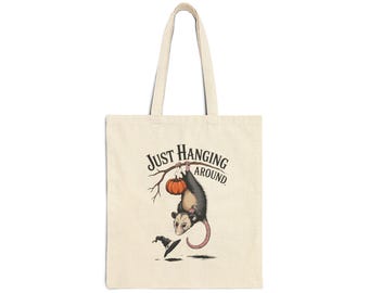 Just Hanging Around Opossum Tote Bag, Vintage Halloween Possum Canvas Bag, Funny Fall Tote, Spooky Season Gift