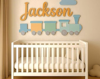Personalized Train-Themed Wooden Baby Name Sign For Nursery Wall, 3D Name Sign Above The Crib, Boy Nursery Decor, Baby Shower Gift