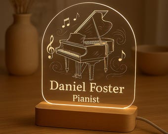 Luce notturna personalizzata Pianista, regalo personalizzato con base LED e design in acrilico inciso al laser