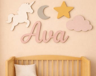 Above Crib Personalized Name Sign for Nursery, 3D Wooden Name Sign, Baby Room Decor, Custom Wall Art, Newborn Gift, Unicorn Nursery