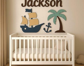 Pirate Ship Nursery Wall Decor - Personalized Wooden Name Sign, Baby Boy Nursery Above Crib Decor, Custom Name Sign, Nautical Nursery Art