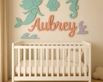 Mermaid Nursery Personalized Name Sign, Above Crib Wooden Baby Name Sign, 3D Nursery Wall Art, Custom Baby Girl Room Decor