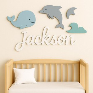 Whale and Dolphin Nursery Sign, Personalized Baby Name Sign, 3D Wooden Crib Name Sign, Nautical Nursery Decor, Custom Wall Art