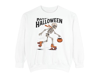 Rolling Into Halloween Skeleton Sweatshirt, Retro Roller Skate Skeleton Crewneck, Funny Halloween Gift, Vintage Spooky Season Sweatshirt