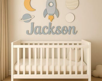 Rocket Ship Nursery Name Sign, Personalized Wall Decor for Boys Room, Above the Crib Name Sign, 3D Wooden Baby Name Sign for Nursery