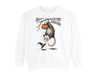 Just Hanging Around Opossum Sweatshirt, Vintage Halloween Crewneck, Funny Opossum Jack-o'-Lantern Shirt, Spooky Season Gift