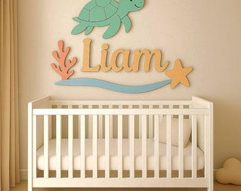 Turtle Ocean Nursery Wall Décor, Personalized Wooden Name Sign, Above Crib Name Sign, Baby Boy Nursery Wall Art, Custom Name Plaque