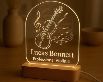 Luce notturna personalizzata a LED con motivo inciso in acrilico e base in legno, regalo per violinista