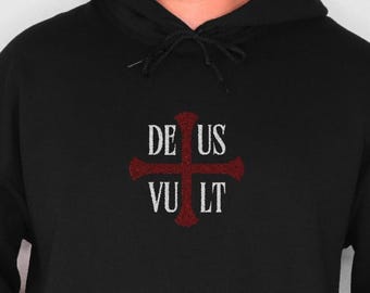 Deus Vult Crusader Hoodie: Embroidered Jerusalem Cross Sweatshirt