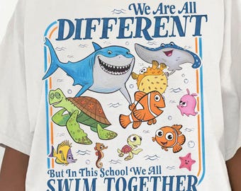 We Are all Different But in This School We all Swim Together Quotes PNG, Disney Finding Nemo Characters Group PNG, autism acceptance