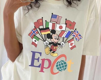 Retro EPCOT Mickey-vlaggen cartoon shirtontwerp (digitale download), Mickey Flags of Nations, png