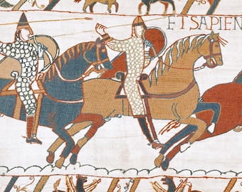 Tapiz de Bayeux con carga de caballería medieval, imagen de alta resolución