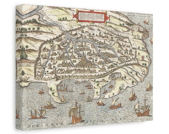 Mapa antiguo de Alejandría, Egipto, vista de la ciudad, lienzo mate