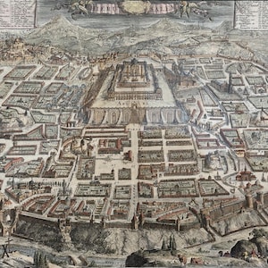 May include: A detailed, antique map of Jerusalem, featuring a bird's-eye view of the city's layout. The map is rendered in a vintage style with intricate details of buildings, streets, and surrounding landscapes. The title "HIERU SALEM" is visible at the top.