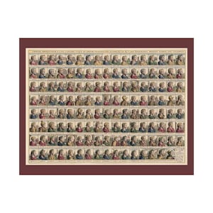 May include: A historical print featuring a grid of numerous small, colored portrait busts of Roman emperors, each labeled with text. The top border contains the Latin text OMNIVM IMPERATORVM A C IVL CAESARE VSQVE AD ANNVM PRAESENTER.