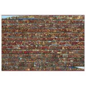 May include: A large rectangular wall art print featuring a multi-tiered historical narrative scene. The composition is divided into twelve horizontal rows, each densely packed with numerous figures in period attire, horses, and architectural elements.
