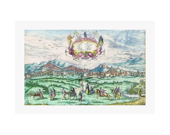 Póster satinado coloreado a mano con vista de la ciudad de Granada renacentista / Mapa histórico, Civitates Orbis Terrarum