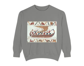 Sudadera con estampado de barco y tapiz medieval de Bayeux / Escena de invasión histórica
