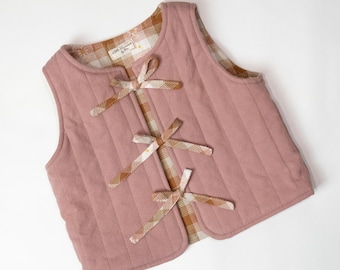 Blush Quilted Baby vest – 3–6 Months | Handmade Cotton Vest with Plaid Lining & Tie Closures.