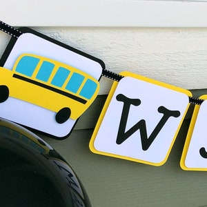 School Bus Personalized Banner, School Party, Yellow School Bus, Wheels On the Bus image 1