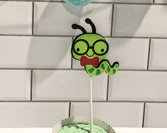 Bookworm, Book worm, Nerdy, Book Party, Green Worm, Cupcake Topper