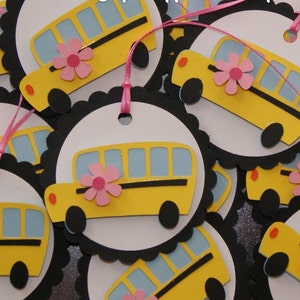 School Bus, Girl, Pink Flower, Thank you Tags, Treat Bag Tags, Favor Tags
