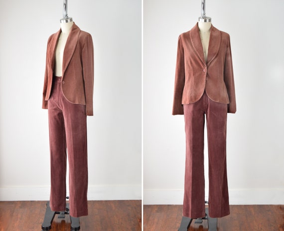 70s Velvet Pantsuit XS S / Vintage Fitted Suit Wom