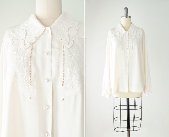 Lace Collar Blouse Lg / Simple White Blouse / Semi