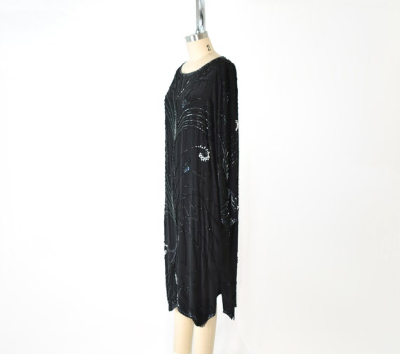 Black Silk Beaded Dress Med / Embellished Midi Dr… - image 6