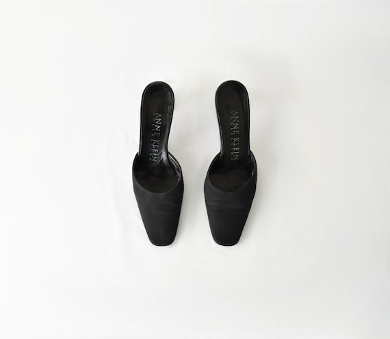 90s Square Toe Mules 7 / Black Satin Mules / Minim