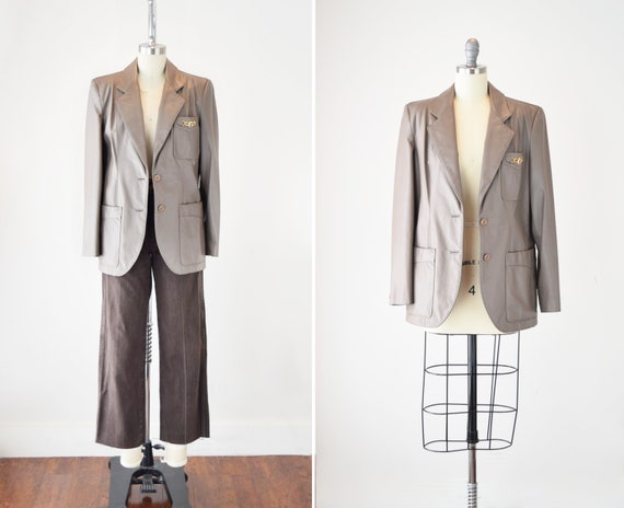 70s Leather Blazer M / Taupe Leather Blazer / Sin… - image 1