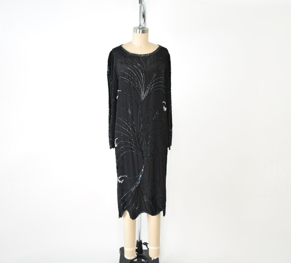 Black Silk Beaded Dress Med / Embellished Midi Dr… - image 5