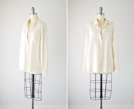 Cream Silk Blouse Lg / Oversize Silk Blouse / Long