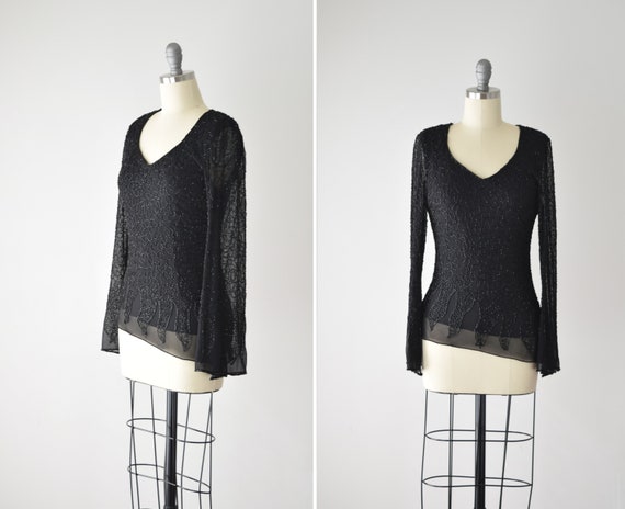Vintage Beaded Blouse XS / Beaded Black Blouse / L