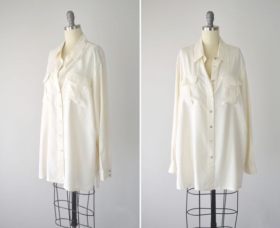 Cream Silk Blouse XL / Oversize Silk Blouse / Long
