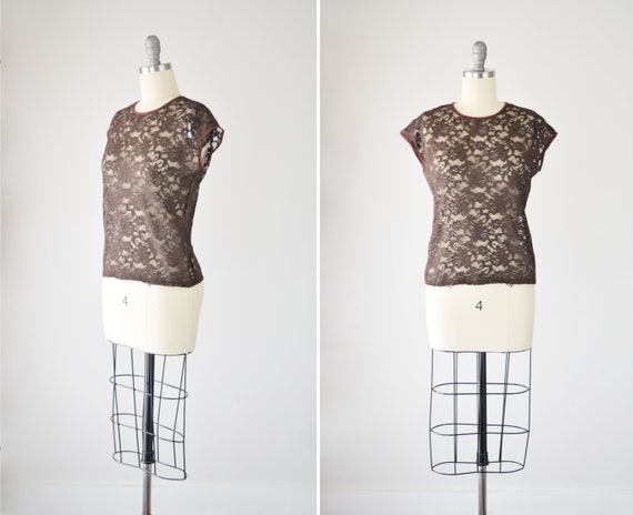 Stretch Lace Top Sm Med / Lace Knit Top / Brown La