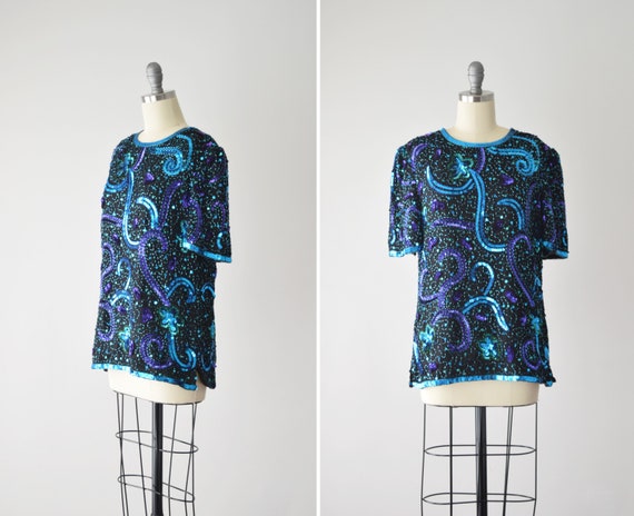 Black Beaded Blouse Sm / Silk Beaded Blouse / Bead
