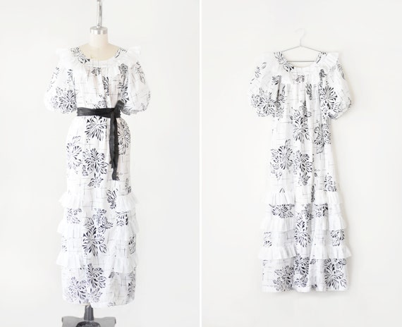 Cotton Blend Puff Sleeve Dress S / Flowy Maxi Dre… - image 1