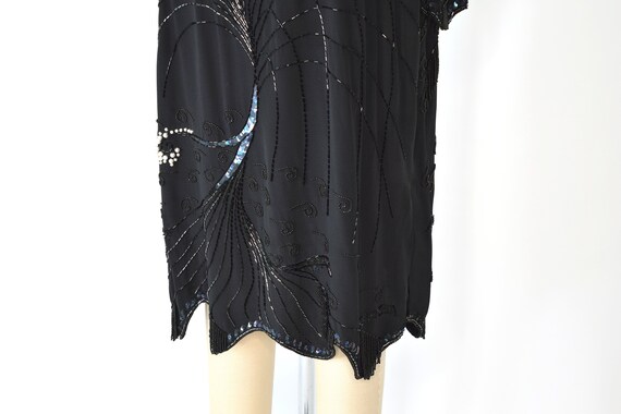 Black Silk Beaded Dress Med / Embellished Midi Dr… - image 10