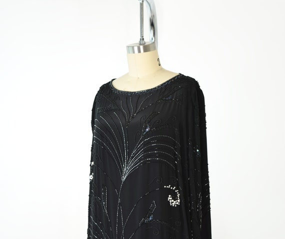 Black Silk Beaded Dress Med / Embellished Midi Dr… - image 2