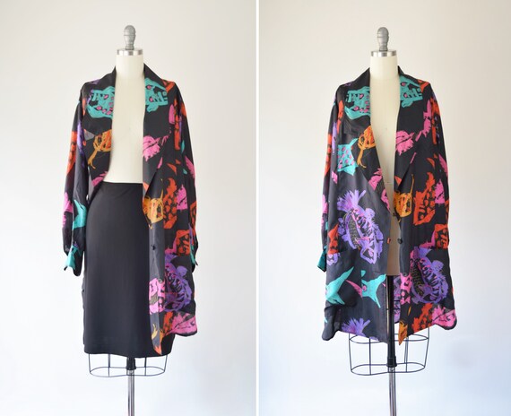Silk Longline Blazer Fish Print Med Lg / Silk Blaz