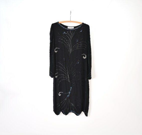 Black Silk Beaded Dress Med / Embellished Midi Dr… - image 3