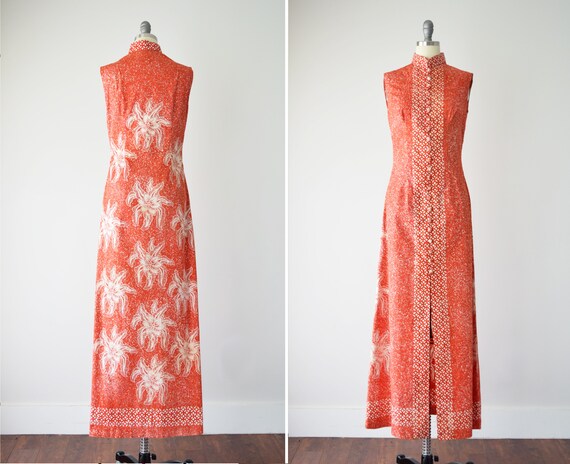 70s Cotton Cheongsam Dress Sm / Red White Block Pr