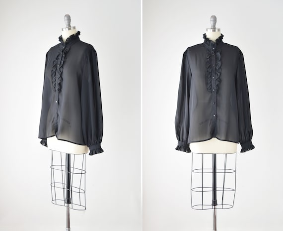 Ruffle Front Blouse Med Lg / Black Ruffle Collar S