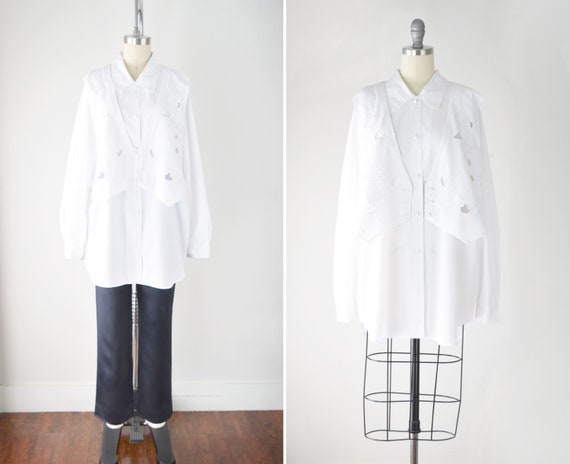 Loose Fit White Blouse 1X / White Cotton Blend Shi