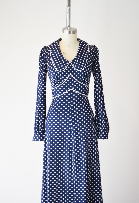 70s Navy Prairie Dress XS / Polka Dot Maxi Dress … - image 5
